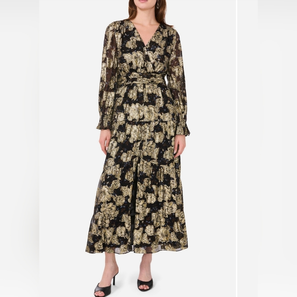 NWOT Halogen Metallic Long Sleeve Elegant Black and Gold Floral Dress